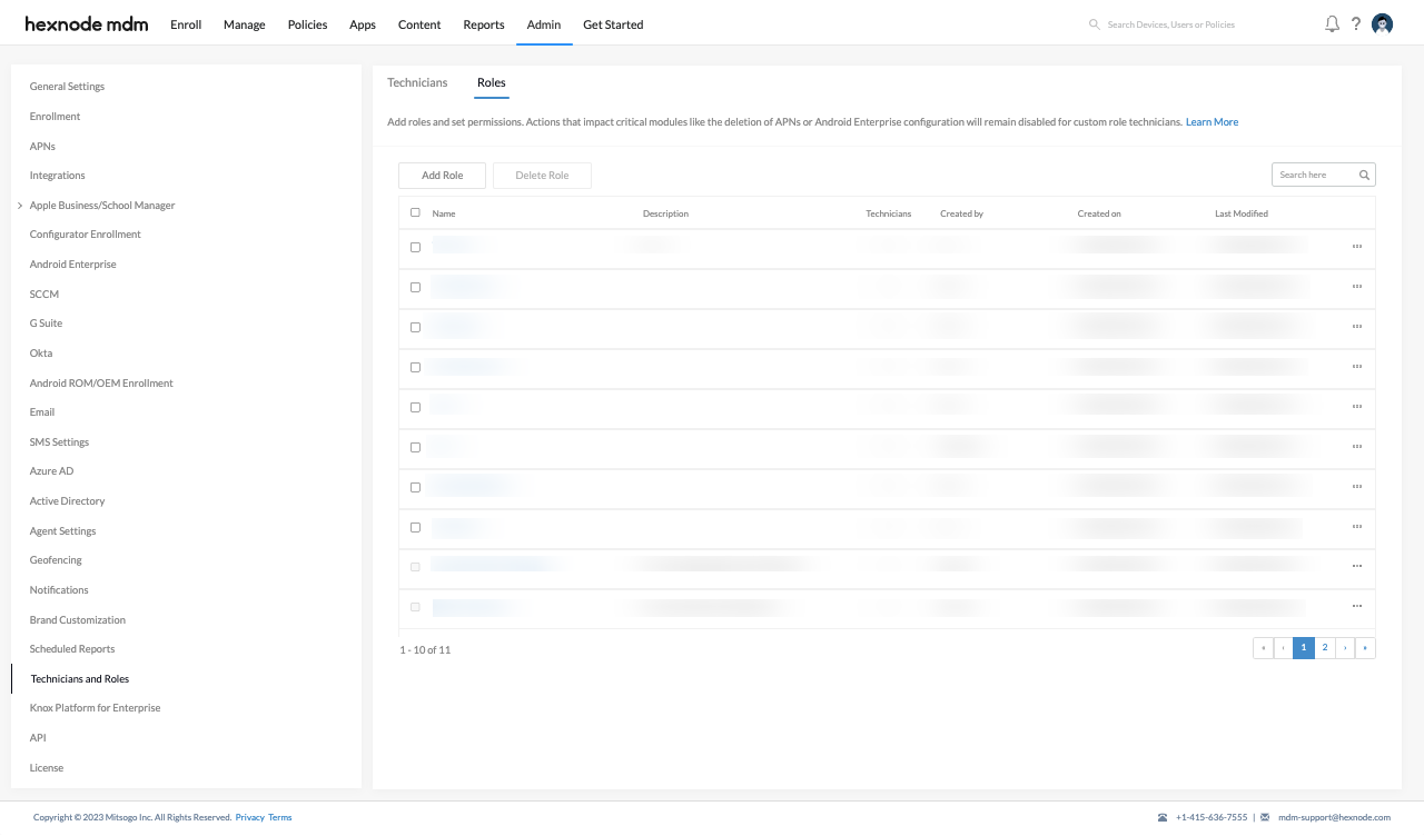 Configure custom technician roles in Admin tab